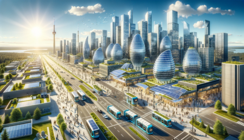 "Futuristic Canadian cityscape extensively utilizing solar energy, with solar panels on skyscrapers, solar-powered transport, and eco-friendly streets."