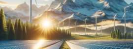 Photorealistic image of a Canadian solar farm with rows of solar panels, snow-capped mountains, and a wind turbine under a clear blue sky.